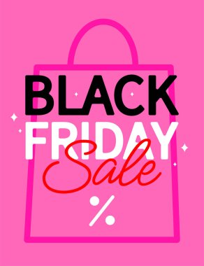 Pembe arka planda alışveriş torbası olan Kara Cuma indirimi tabiri. Vektör illüstrasyonu.