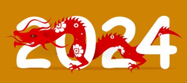 Yıl 2024 ve altın arka planda kırmızı ejderha. Vektör çizimi. Çin Yeni Yıl Afişi.