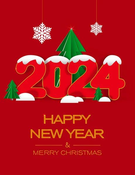 Kırmızı arka planda kar ve ladin bulunan kırmızı 2024. Mutlu yıllar tebrik kartı. Dijital zanaat biçimi.