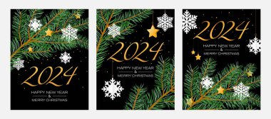 Siyah zemin üzerinde kar taneleri, yıldızlar ve çam ağacı olan 2024 altın sayı. Mutlu Noeller ve mutlu yıllar tebrik kartları. 3 vektör illüstrasyonunun kümesi.