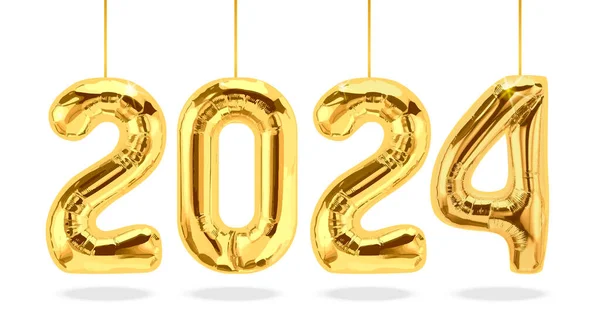 2024 altın balon numarası beyaz arka planda izole edildi. Yeni Yıl illüstrasyonu.