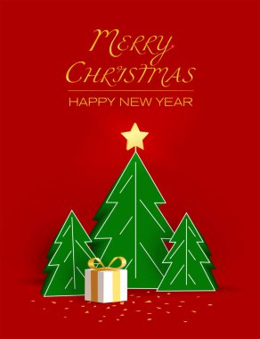 Kırmızı arka planda altın yıldızlı Noel ağacı. Mutlu Noeller ve mutlu yıllar vektör kartı.