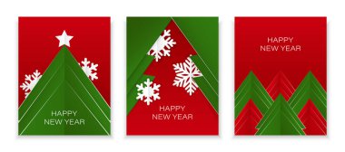 Kağıt kesme tarzında yeni yıl tebrik kartları. 3 A4 vektör illüstrasyonu kümesi.