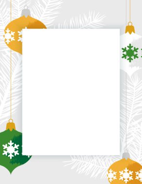 Mavi arka planda beyaz bir yaprak. İçinde Noel oyuncakları ve ladin dalları var. Kartpostallar için vektör şablonu.