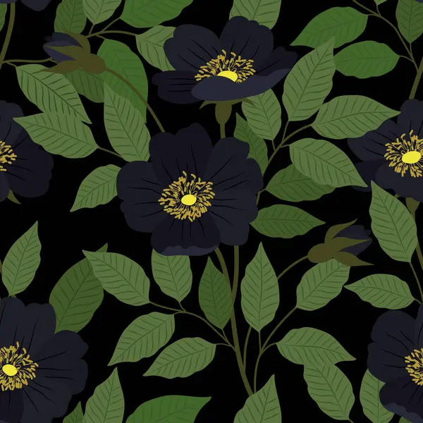Svart Tegel Blommor Med Blad Svart Bakgrund Mörkblå Blommor Svart — Stock vektor
