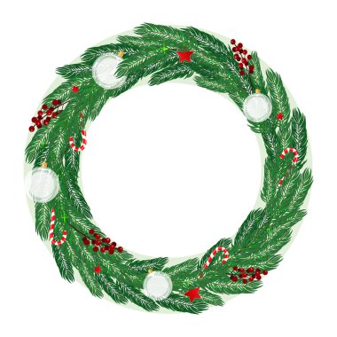 Kırmızı yıldızlı Noel çelengi, Noel oyuncakları ve beyaz arka planda izole edilmiş şeker kamışı. Vektör illüstrasyonu.