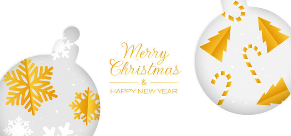 Бумага отрезала рождественские шары елой, снежинкой и леденцовой тростью. Белый баннер с золотой надписью. Векторный баннер.