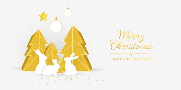 Sana mutlu Noeller ve Noel ağacı ve beyaz arka planda tavşanlarla mutlu yıllar diliyorum. Vektör pankartı.