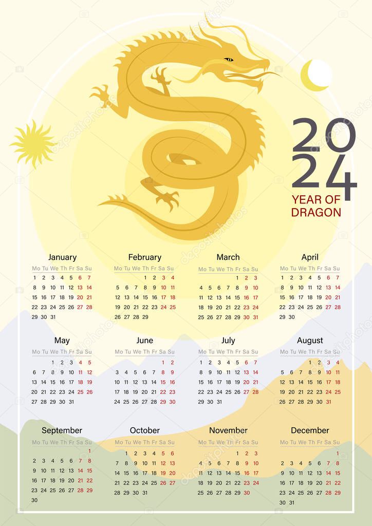 2024 Calendario Con Dragón Oro Plantilla Vectorial Calendario