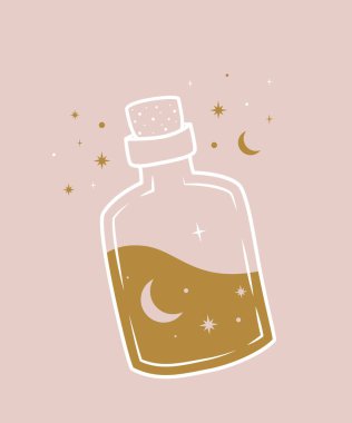 Pembe arka planda sihirli iksiri olan bir şişe. Göksel tarzda kompozisyon. Vektör illüstrasyonu.