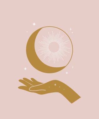 Ay ellerde, güneş ve göksel elementler kompozisyonda. Vektör illüstrasyonu.