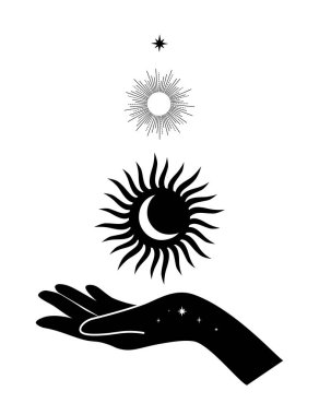 Güneşin silueti beyaz bir arka planda ellerinde. Göksel tarzda kompozisyon. Vektör illüstrasyonu.