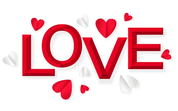 Rotes Liebeswort Mit Roten Und Weißen Herzen Scherenschnitt Stil Isoliert — Stockvektor
