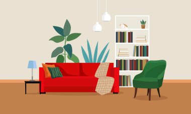 Oturma odasının içinde kırmızı kanepe, kitaplık ve yeşil sandalye var. Vektör düz resimleme.