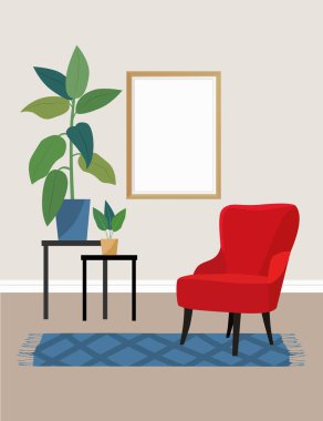 İçi kırmızı sandalye ve bitkilerle dolu boş fotoğraf çerçevesi. Klasik bir iç mekan, duvarında da bir resim var. Vektör illüstrasyonu.