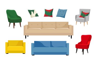 Beyaz arka planda izole edilmiş vektör koltuklar, koltuklar ve yastıklar. PNG/EPS 10.