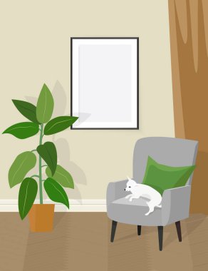 İçinde gri sandalye, köpek ve bitkiler olan içi boş fotoğraf çerçevesi. Klasik bir iç mekan, duvarında da bir resim var. Vektör illüstrasyonu.