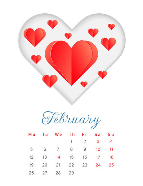 Romantic February calendar with hearts in paper cut style. Vector calendar template.