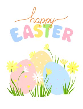 Renkli Paskalya yumurtaları, içinde çiçekler ve harfler var. Paskalya Günü için tebrik kartı.