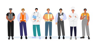 Farklı mesleklerden işçiler. Düz vektör çizimi beyaz arkaplanda izole edildi.