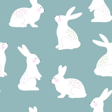 Mavi arka planda şirin beyaz tavşanlar. Kusursuz vektör deseni.