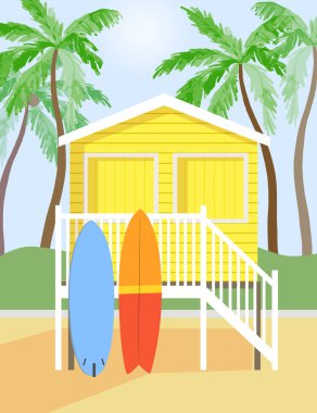 Sörf tahtaları ve palmiye ağaçları olan sarı sahil evi. Vektör düz resimleme.