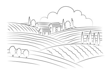 Kırsal kesimde sanatsal çizimler. Vektör görüntüsü. Çizgi sanatı manzarası.