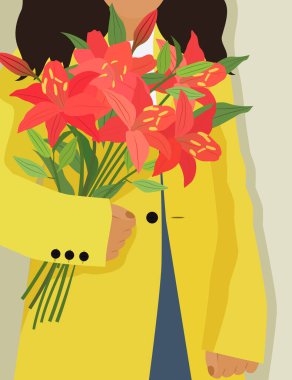 Kız elinde bir buket kırmızı zambak tutuyor. Vektör illüstrasyonu.