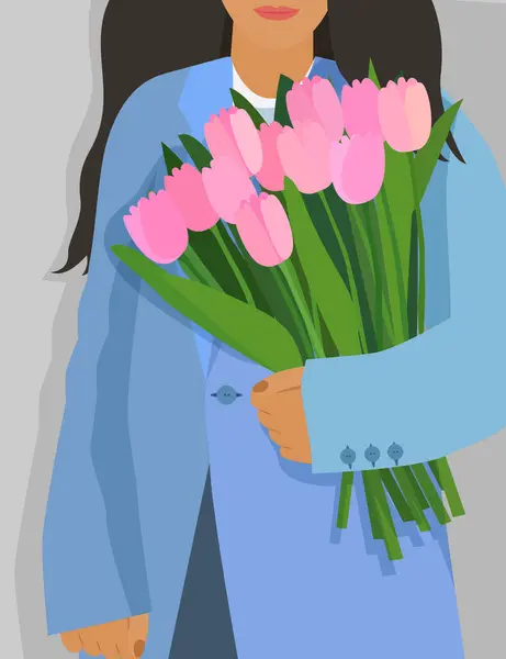Holka Drží Ruce Kytici Tulipánů Růžové Květy Rukou Ženy Royalty Free Stock Ilustrace