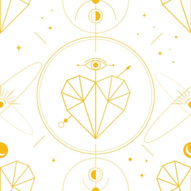 Güneşi, yıldızları ve göksel sembolleri olan altın kalp. Ezoterik, okült, simya ve cadı sembollerinin kusursuz deseni. Vektör illüstrasyonu.