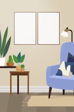 Mavi sandalyeli ve planlı iki boş fotoğraf çerçevesi. Duvarında resim modelleri olan klasik bir iç mekan. Vektör illüstrasyonu.