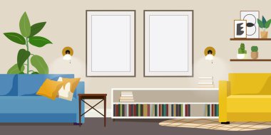 Sarı bir koltuk, mavi bir kanepe ve duvarında resimler olan bir kitaplık. Klasik iç mekan. Oturma odasında resim modelleri var. Vektör illüstrasyonu.