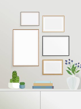 İçinde kitaplar, kaktüsler ve çiçekler olan bir çerçeve seti. Çerçeve oluşturma ile vektör illüstrasyonu.