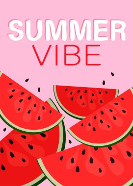 Pembe arka planda bir dilim karpuz dilimli yaz titreşimli phraze. Yaz vektör kartı.