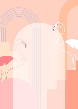 Flamingolu ve renkli bloklu şık bir kart. Vektör illüstrasyonu.