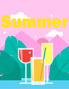 Dağların arka planında düz bir tarzda parlak kokteyller. Yaz posteri.