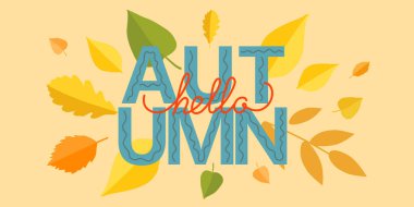 Renkli sonbahar yapraklı arka planda Merhaba Autumn metni. Vektör pankartı.