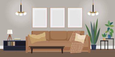 Oturma odasının içinde boş fotoğraf çerçeveleri var. Yatay klasik iç mekan. Duvarında da resimler var. Vektör illüstrasyonu.