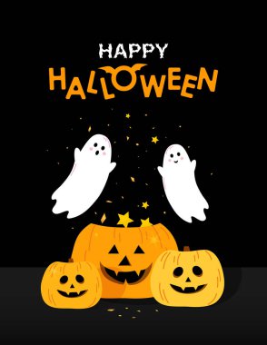 Cadılar Bayramı için tebrik kartı. Hayaletler arka planda balkabaklarıyla uçar.