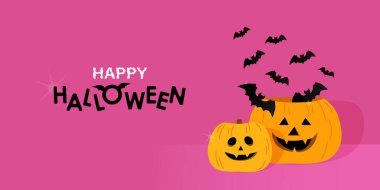 Cadılar bayramın kutlu olsun. Yarasalar pembe arka planda bir balkabağından uçar.