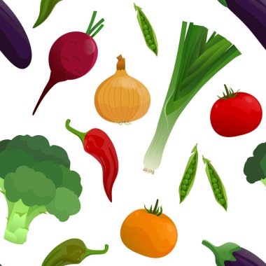 Lahana, biber, domates, soğan, bezelyeler beyaz arka planda izole edilmiş. Vektör sebzeli kusursuz vektör deseni.