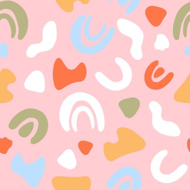 Pembe arka planda soyut renkli şekiller. Kusursuz vektör deseni.