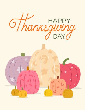 Renkli balkabaklı Şükran Günü kartı. Vektör illüstrasyonu.