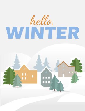 Kar manzaralı kış tatili kartı. Kağıt kesiminde ağaçlar ve evler.