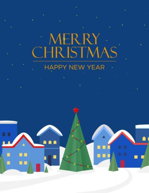 Arka planda kar kasabası olan mutlu noel tebrik kartları. Vektör illüstrasyonu.