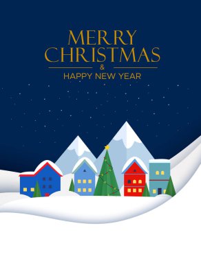Evleri ve dağları olan kar manzarası. Noel ve Yeni Yıl tebrik kartı.