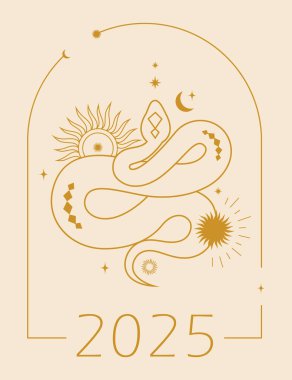 Göksel sembollü altın yılan ve bej arka planda 2025 numara. Yeni yıl kutlaması için kart..