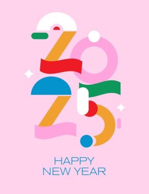 Renkli şekiller kullanılarak 2025 yılının geometrik temsili. Modern tebrik kartı, medya kapakları ve fütüristik estetik posterler için ideal.