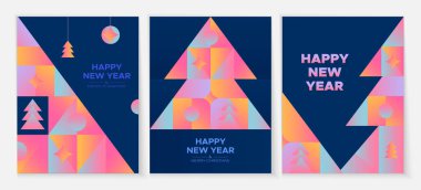 Koyu mavi arkaplanlı parlak desenli Mutlu Yıllar kartı. 3 tebrik kartı seti.