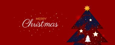 Kırmızı arkaplanda mavi ladin dallı kağıt kesimi şeklinde kırmızı Noel ağacı. Mutlu Noeller ve mutlu yıllar bayrağı.